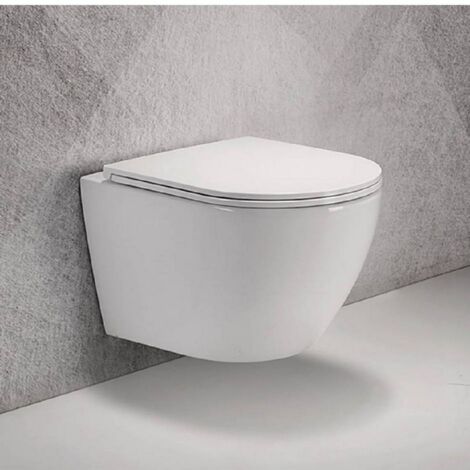 Rue Du Bain – WC suspendu ovale céramique blanche sans bride – Dimensions 49x36 cm – Abattant avec amortisseur silencieux – Pour espaces réduits