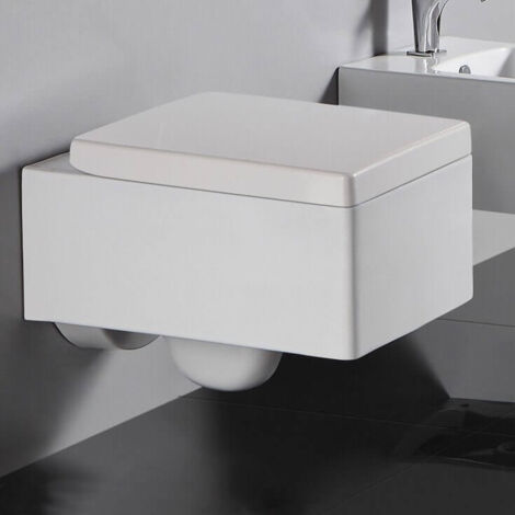 Rue Du Bain – WC suspendu rectangle avec abattant en céramique blanche – Cuvette sortie horizontale – Abattant durplastique soft close – 52x39 cm