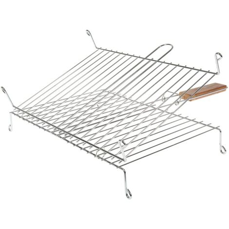 ruecab 1086 Rack di barbecue doppia su piedi in acciaio inox manico legno argento 30x40cm