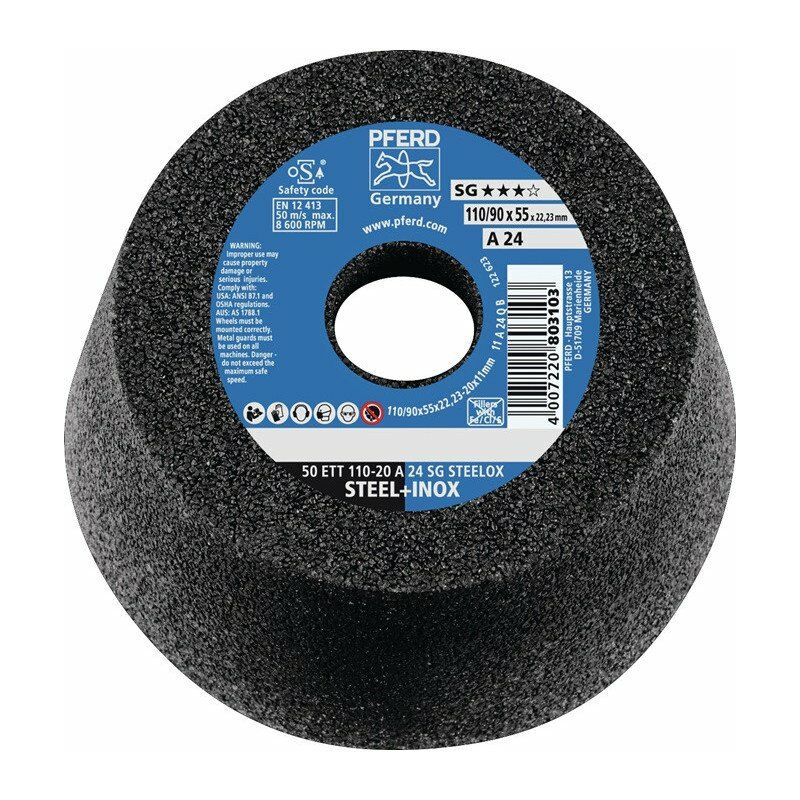 

Rueda de copa ETT SG STEELOX 110/55 mm ACERO INOXIDABLE y acero P36 22,23 mm de diámetro PFERD