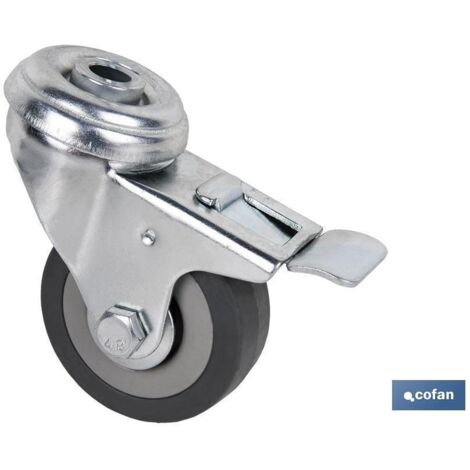 Rueda de goma gris con freno metálico, soporta hasta 45 kg, Ø75 x 22 mm
