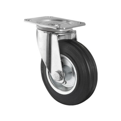 Rueda de goma y metal con placa giratoria con diámetros desde 80 mm hasta 125 mm para pesos de hasta 150 kg                 Ø80mm x 27mm Placa 105 x 80mm Taladro 9mm Alto 105mm 80kg