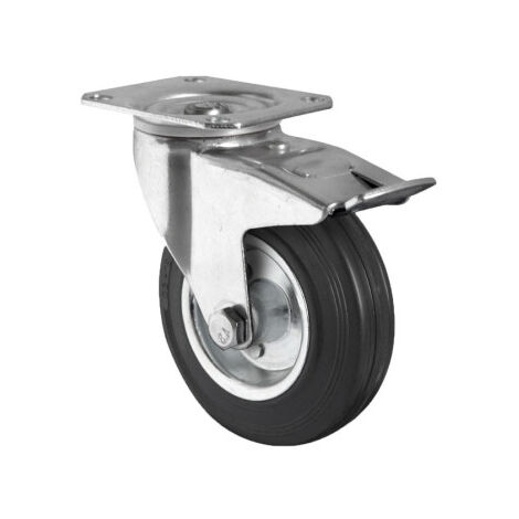 Rueda de goma y metal con placa giratoria y freno con diámetros desde 80 mm hasta 125 mm para pesos de hasta 150 kg Ø100mmx27mm Placa 105x80mm Talad 9mm Alto 125mm Freno 128mm 105kg