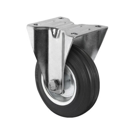 Rueda de goma y metal con soporte fijo con diámetros desde 80 mm hasta 125 mm para pesos de hasta 150 kg                 Ø80mm x 27mm Placa 105 x 80mm Taladro 9mm Alto 9mm 80kg