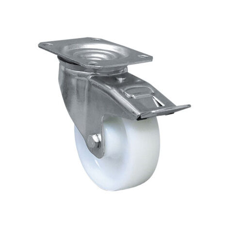 Rueda de nylon con freno y placa giratoria con cojinete liso para pesos de hasta 150 kg varios diámetros                 Ø80mmx30mm Placa 105x80mm Taladr 9mm Alto 105mm Freno 128mm 150kg