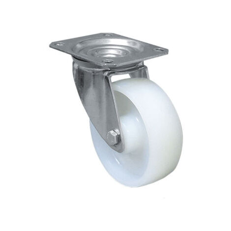 Rueda de nylon y placa giratoria con cojinete liso para pesos de hasta 150 kg varios diámetros                 Ø80mm x 30mm Placa 105 x 80mm Taladro 9mm Alto 105mm 150kg