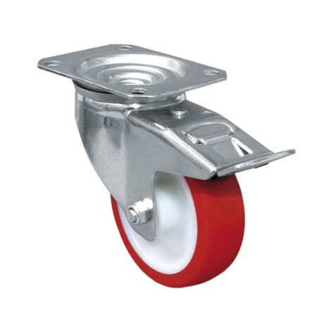 Rueda de poliuretano con freno y placa giratoria con cojinete liso para pesos de hasta 150 kg en varios diámetros Ø100mm x 30mm Placa 105 x 80mm Taladro 9mm Alto 125mm Freno 128mm