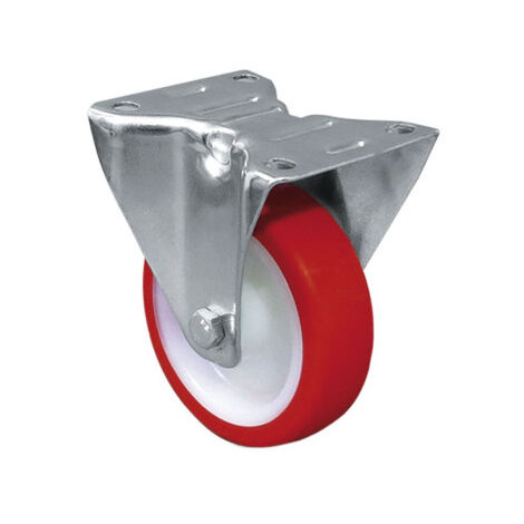 Rueda de poliuretano fija con cojinete liso para pesos de hasta 150 kg en varios diámetros Ø125mm x 35mm Placa 105 x 80mm Tornillo 13mm Alto 154mm 200kg