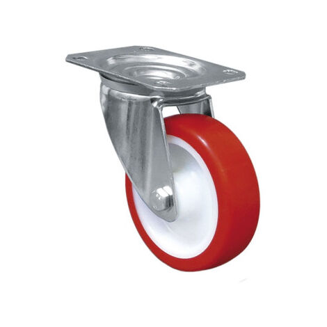 Rueda de poliuretano y placa giratoria con cojinete liso para pesos de hasta 150 kg en varios diámetros Ø100mm x 30mm Placa 105 x 80mm Taladro 9mm Alto 105mm 150kg