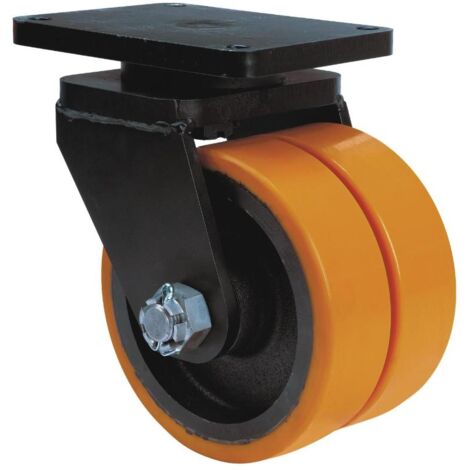 rueda giratora placa 10hlr300-hub hierro-poliur.naranja(doble) eje bolas