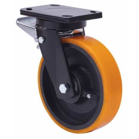 rueda giratora placa freno 10hlbfd150-hub hierro-poliur.naranja eje bolas