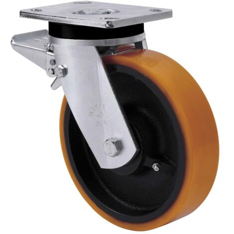 rueda giratora placa freno 10slrfd200-hub hierro-poliur.naranja eje bolas