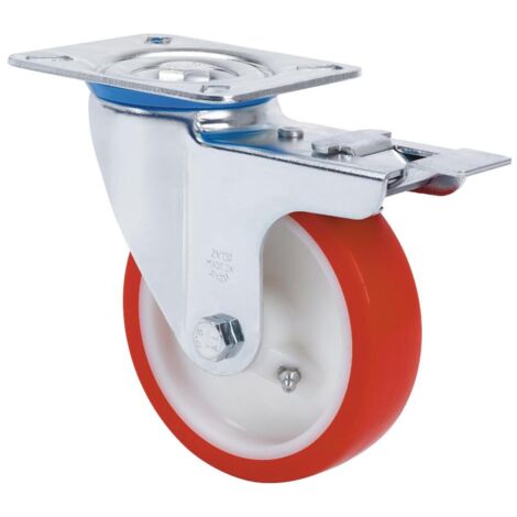 rueda giratora placa freno 10zvfd150-po nylon blanco-poliur.rojo eje liso