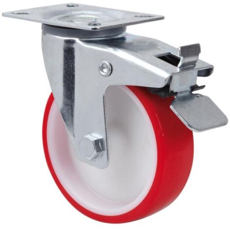 rueda giratora placa freno 140.1-160-3 nylon blanco-poliur.rojo eje liso