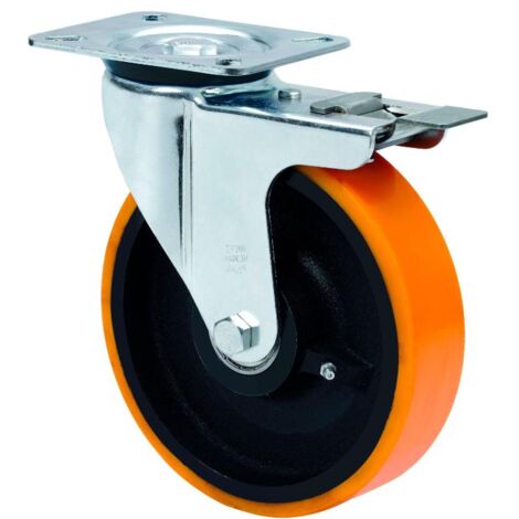 rueda giratora placa freno 4mm 10zvrfd200-hub hierro-poliur.naranja eje bolas