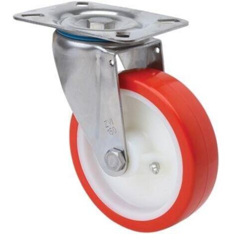 rueda giratora placa inox.10zvli100-po nylon blanco-poliur.rojo eje liso
