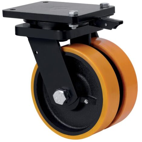 rueda giratora placa mec.dir.10hlgmd150-hub hierro-poliur.naranja(doble)bolas