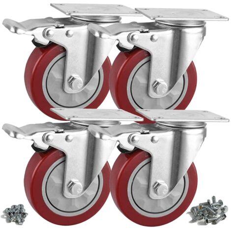 Rueda giratoria de 100 mm con freno - Soporta hasta 650 kg - Juego de 4 ruedas (16 tornillos incluidos)
