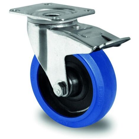 Rueda industrial 80 mm goma elástica azul con placa de freno
