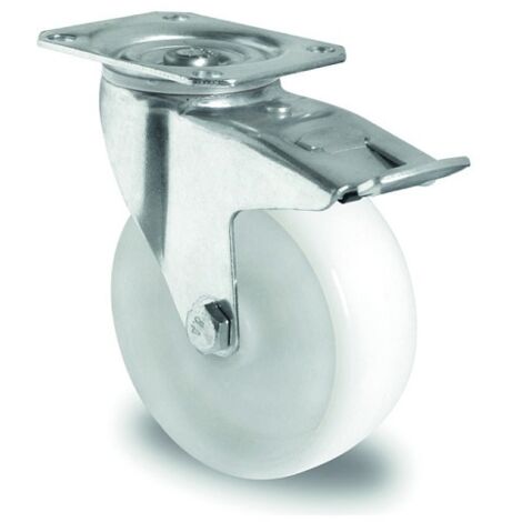 Rueda industrial de polipropileno blanca con freno y placa de giro