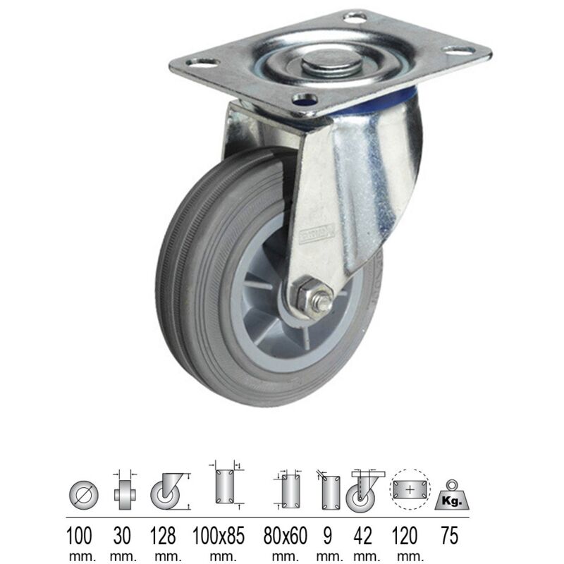

Rueda industrial goma gris placa 100 mm.