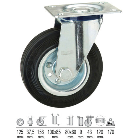 Rueda Industrial Goma Negra Placa  125 mm.