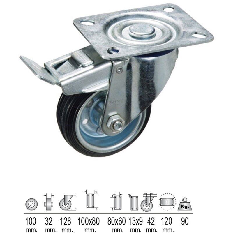 

Rueda industrial goma negra placa con freno 100mm