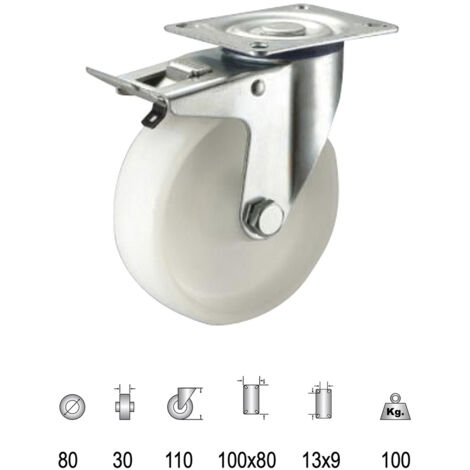 Rueda Industrial Nylon Placa con freno   80mm