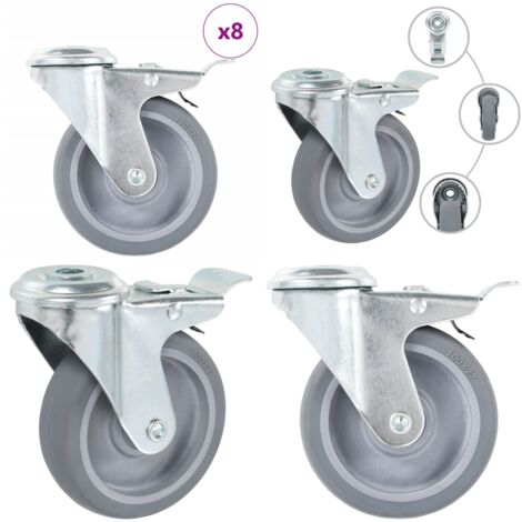 Ruedas giratorias con agujero pasador 8 unidades 100 mm - Ruedas con freno - Ruedas para muebles