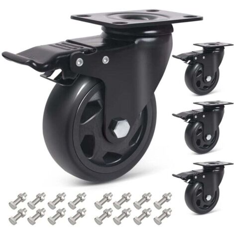 Ruedas giratorias de 100 mm con freno, 4 ruedas para muebles (16 tornillos incluidos)