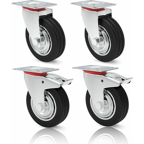 Ruedas para cargas pesadas, ruedas de transporte, juego de ruedas con freno, ruedas de 75 mm, giratorias 360°, negras, ruedas industriales para bancos de trabajo, carros de herramientas, palés, ruedas