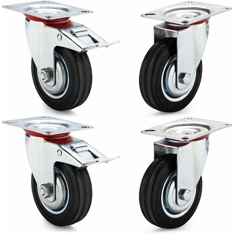 Ruedas para transporte de muebles de 100 mm, 4 ruedas para equipos, 2 ruedas giratorias + 2 ruedas giratorias con freno, giro de 360°, capacidad de carga 280 kg