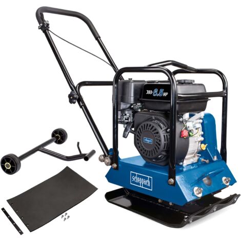 Rüttelplatte HP1200S Scheppach - 6,5PS  58kg  15000N  PU-Matte & Fahrwerk