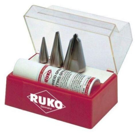 ruko-101009-juego 3 brocas cónicas hss + spray de corte 50 ml