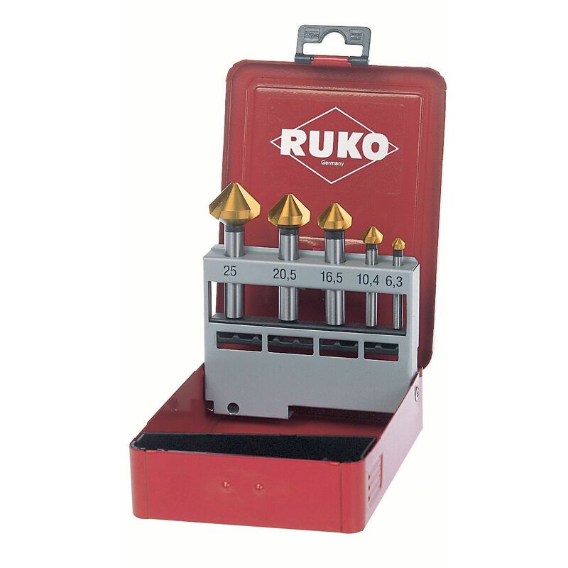 

102154E - Juego de 5 avellanadores cónicos DIN 335 forma C HSS-Co 5 90° para aceros VA - Ruko