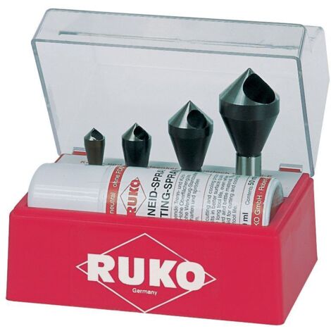 RUKO 102310E JUEGO DE 4 AVELLANADORES-DESBARBADORES HSS-CO 5 + SPRAY DE CORTE 50 ML