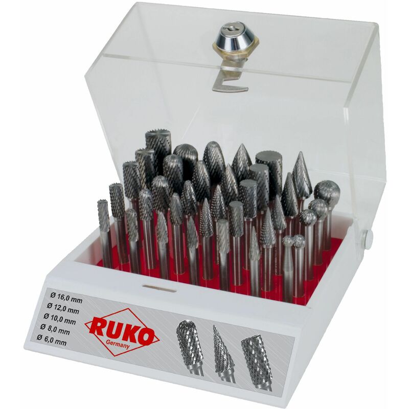 

RUKO 116008 - Juego de 35 fresas de metal duro con vástago de 6 mm en vitrina de plástico