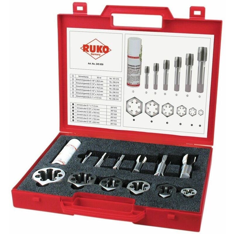 

245059 - Juego de machos HSS de reparación para roscas de tuberías cilíndricas saniatrias rectificados (13 piezas) - Ruko