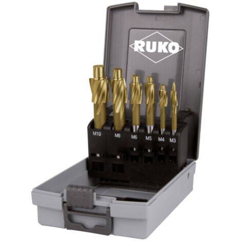RUKO Jeu de fraises à embout plat 6 pièces DIN 373 HSS-TiN M 3 - M 10 moyen pour trou traversant dans cassette en plastique ABS - 102451TRO
