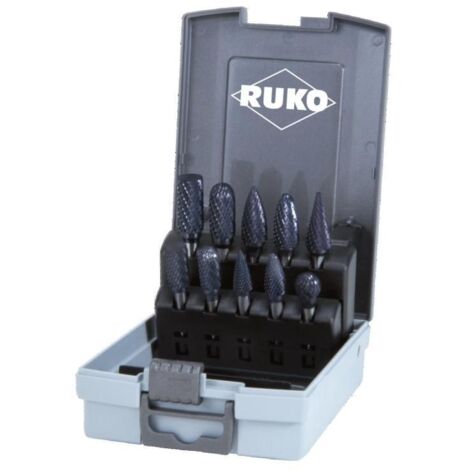 RUKO Juego de fresas rotativas de metal duro de corte cruzado HM-TiCN 10 piezas. Ø 10 / 12 mm en caja de plástico - 116003TCRO