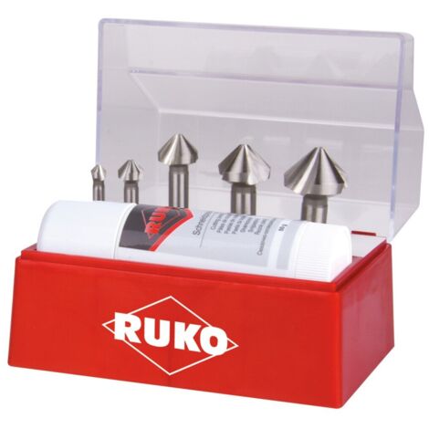 RUKO Kegel- und Entgratsenker-Satz 6tlg. DIN 335 Form C 90° HSS Ø 6,3 - 25 mm + Schneidspray 50 ml in Kunststoffkassette - 102142A