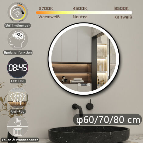 Rund Badspiegel Antibeschlage Badezimmerspiegel mit schwarzem Rahmen Badspiegel mit Beleuchtung, Beschlagfrei+3 Lichtfarben Dimmbar+Memory Funktion 70cm-Uhr