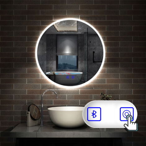 Rund LED Badspiegel Wandspiegel Touch Schalter + drei Farbe Dimmbar + Bluetooth +  Beschlagfrei 80cm