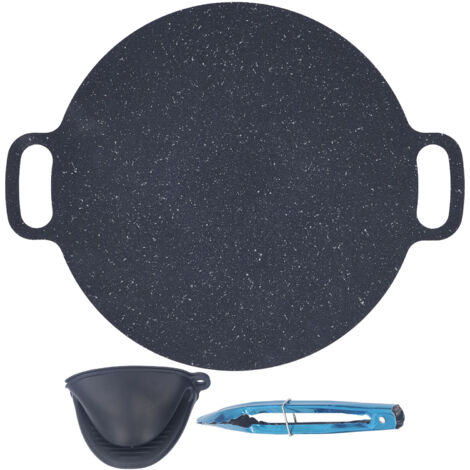 Runde, antihaftbeschichtete Grillplatte (41 cm Durchmesser) mit Grillzange und Schutzhandschuhen