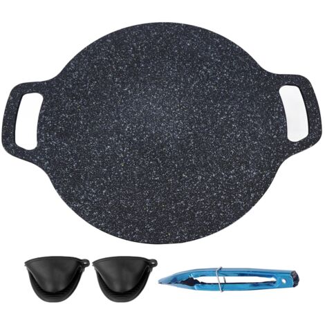 Runde, antihaftbeschichtete koreanische BBQ-Pfanne (30 cm Durchmesser) mit Ofenhandschuh und Grillzange, Aluminiumgrill für die Küche