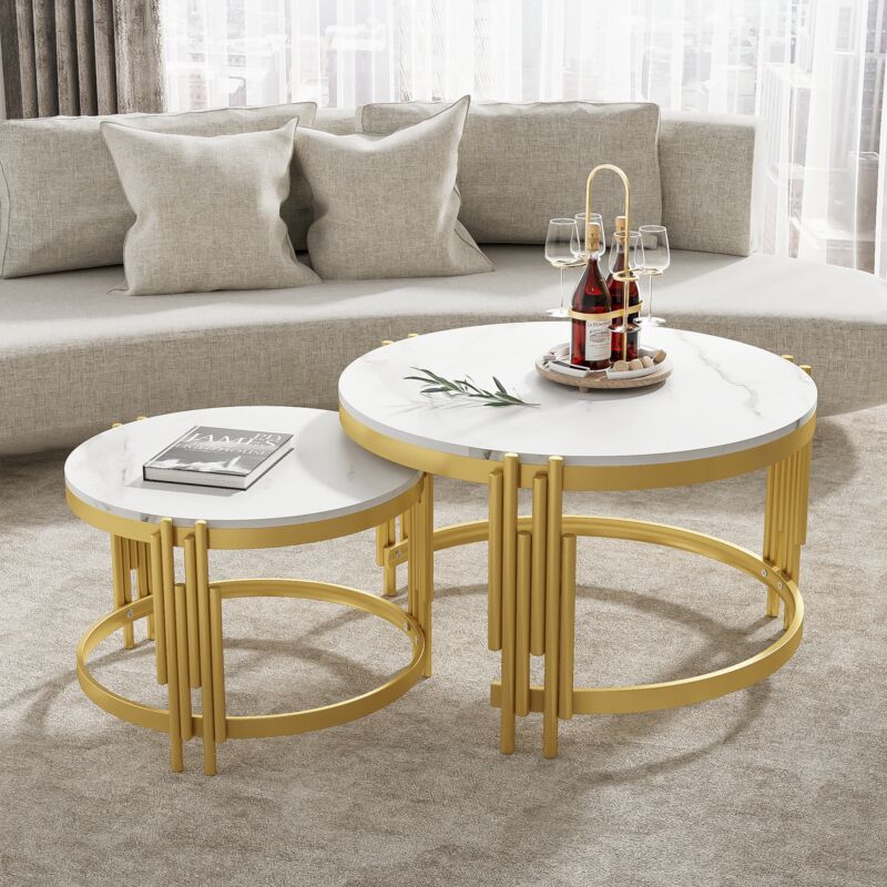 Stilvora Runde Couchtische Gigogne 2er Set Mit Marmoroptik Platte, Metallrahmen Messing, Aus Mdf, Weiß