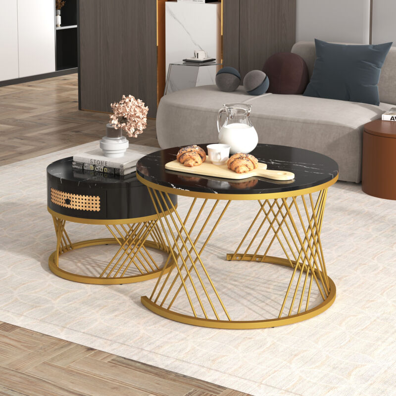 Stilvora Runde Couchtische Gigogne Mit 1 Schublade, Marmoroptik Tischplatte, Leichter Luxus, Aus Mdf, Schwarz, 70×70×45, 5 Cm