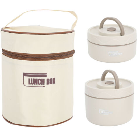 Runde, wasserdichte, tragbare Bento-Box aus Edelstahl 304 mit Isoliertasche, Beige, 2-teilig