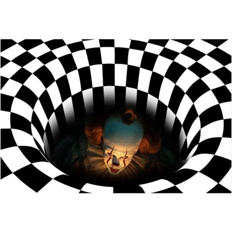 Runder 3D-Teppich, Halloween-Illusion-Fußmatte, Clown-Muster, schwarz-weiße Wirbelfliesen, Wohnzimmerteppich, rutschfester Teppich für Halloween, Wohnzimmer, Esszimmer (40 x 60 cm)