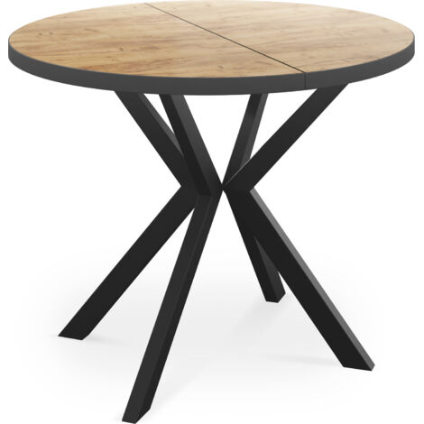 Runder Ausziehbar Tisch für das Esszimmer - Tischrand Schwarzes Dekor - 100 oder 120 cm - Ausziehbarer Tisch mit Schwarzen Metallbeinen - 100 cm - Craft Eiche